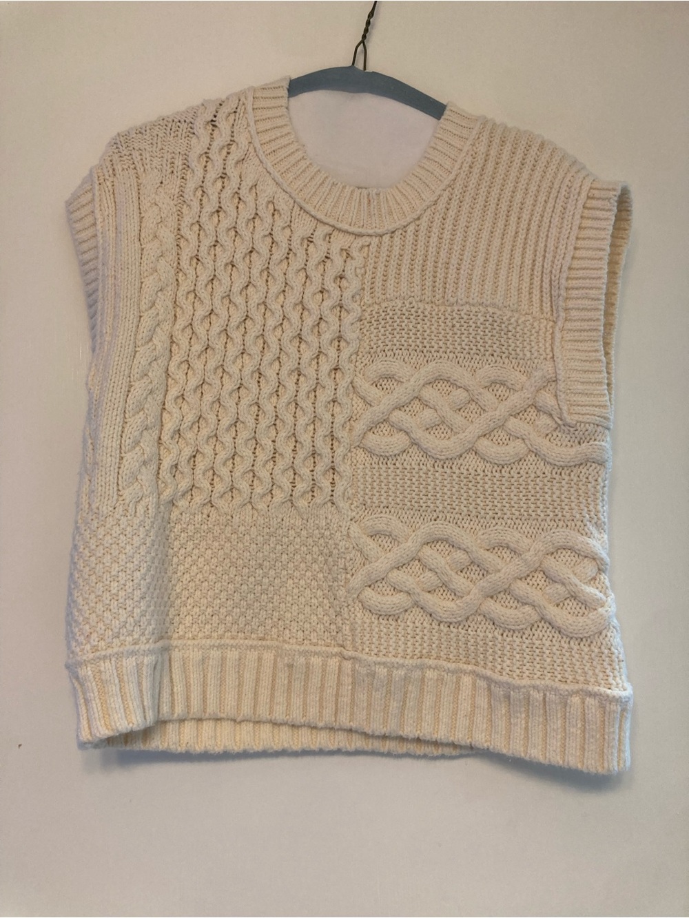 Madewell Cream Cable Knit Patchwork V-Neck Sweater Vest